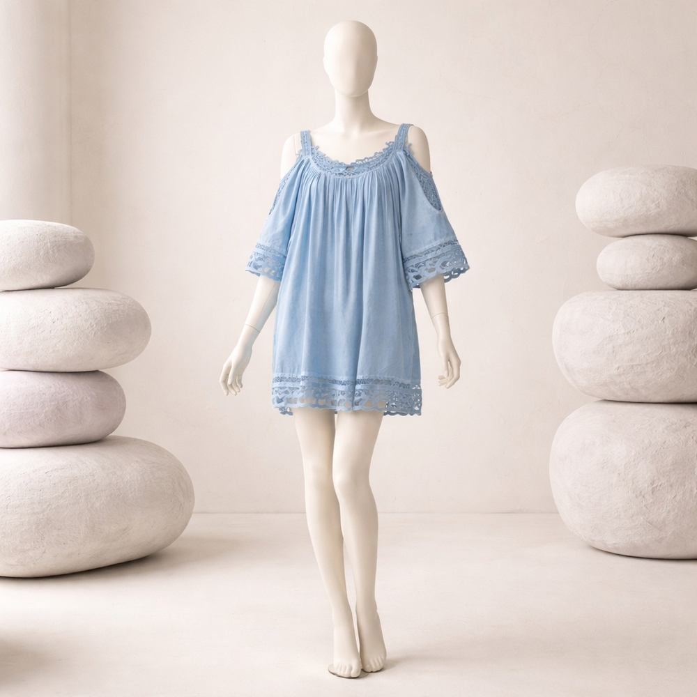 Swimsuits For All Light Blue Cold-Shoulder Crochet Beach Coverup Size 18/20